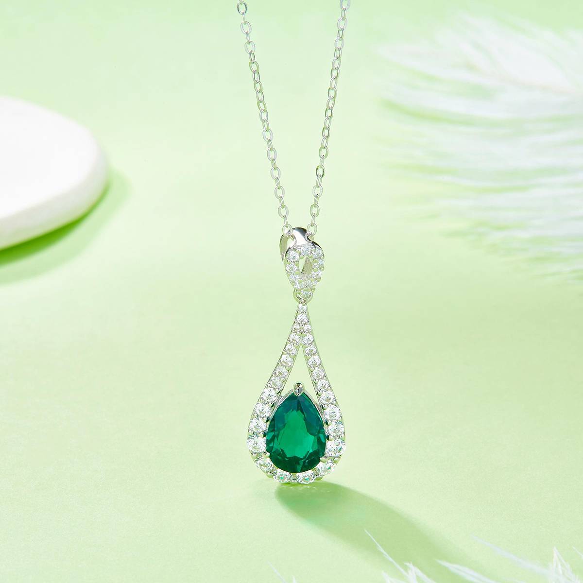 P1758款S925银镀18K白金水滴形培育彩宝项链11*7mm /1.75ct