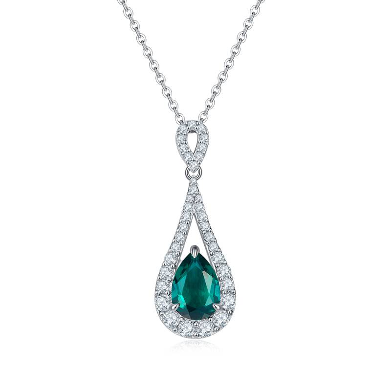 P1758款S925银镀18K白金水滴形培育彩宝Necklace11*7mmmm /1.75ct