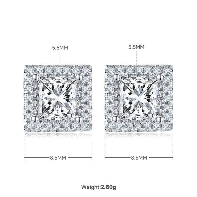 Light luxury square S925 silver plated platinum Moissanite diamond pendant earring set
