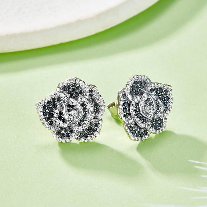 E230714009款S925银镀18K白金满镶黑白Moissanite优雅山茶花Stud Earring0.84ct