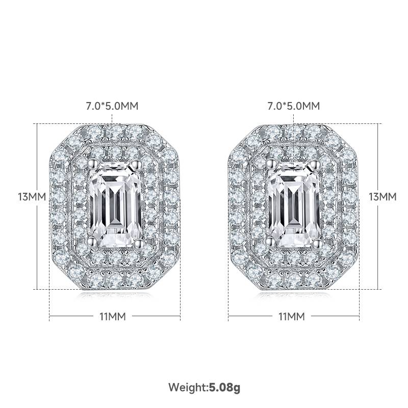 豪镶长方形S925银镀白金MoissanitePendantStud Earring套装