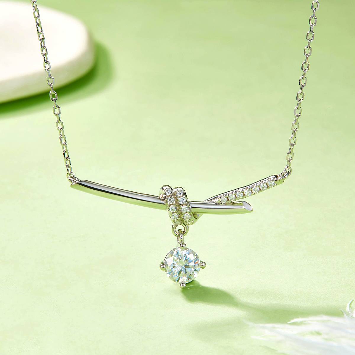 05O款S925银镀18K白金吊款圆形Moissanite绳结Necklace主石1.0ct