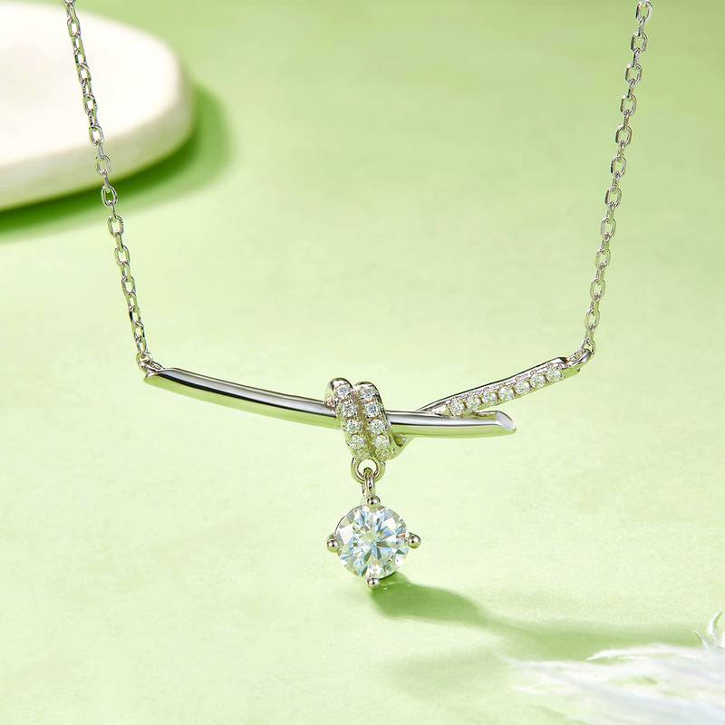 05O款S925银镀18K白金吊款圆形Moissanite绳结Necklace主石1.0ct