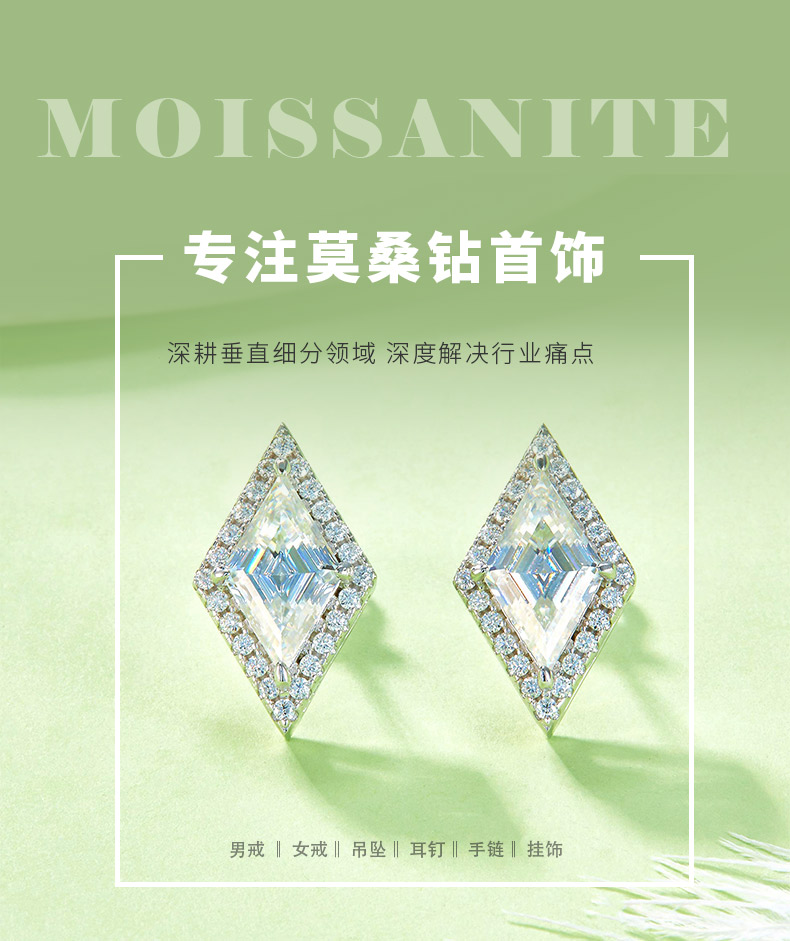 07S款S925银镀18K白金菱形莫桑钻高级耳环主石12*7mm/2.0CT/粒 - 1