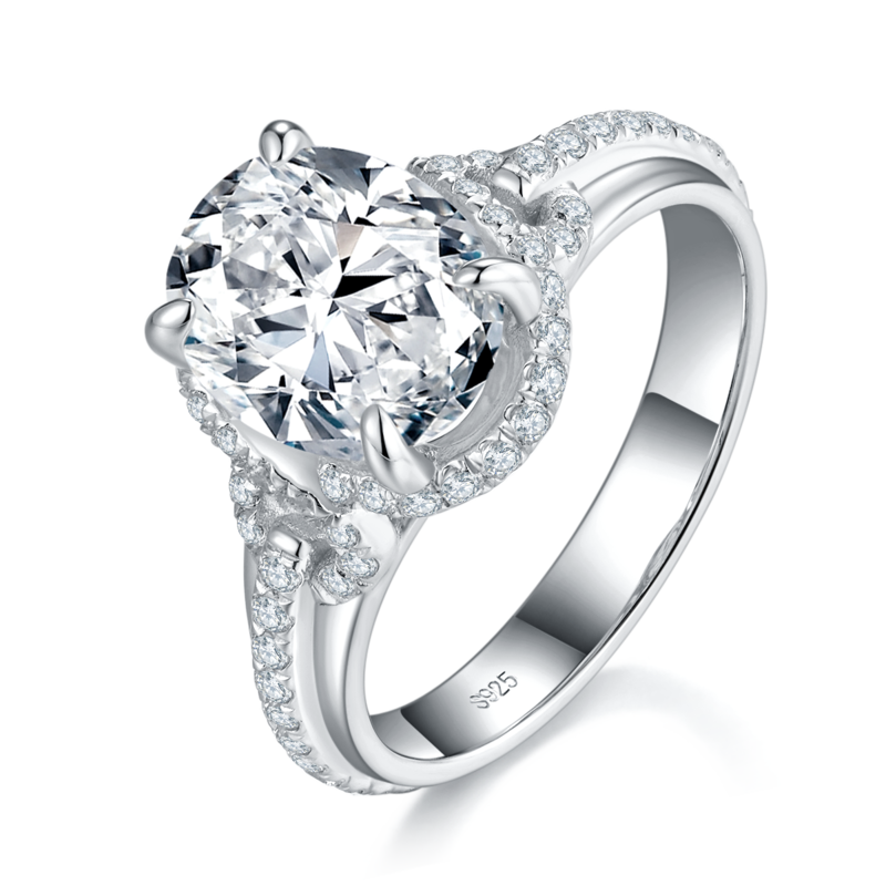 蛋形女戒S925银镀白金定制选款主石莫桑钻3.0ct/副石高碳钻