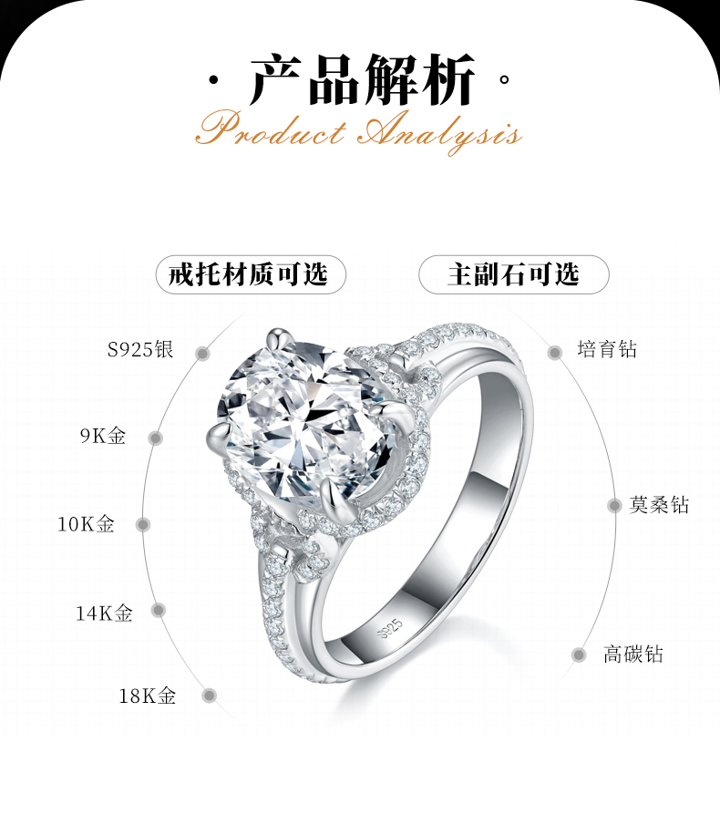 蛋形女戒S925银镀白金定制选款主石莫桑钻3.0ct/副石高碳钻 - 2