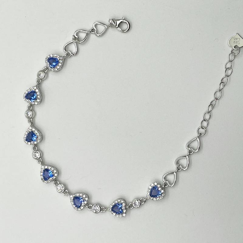BS01496A3款S925银镀18K白金心形高碳钻/蓝尖晶Bracelet