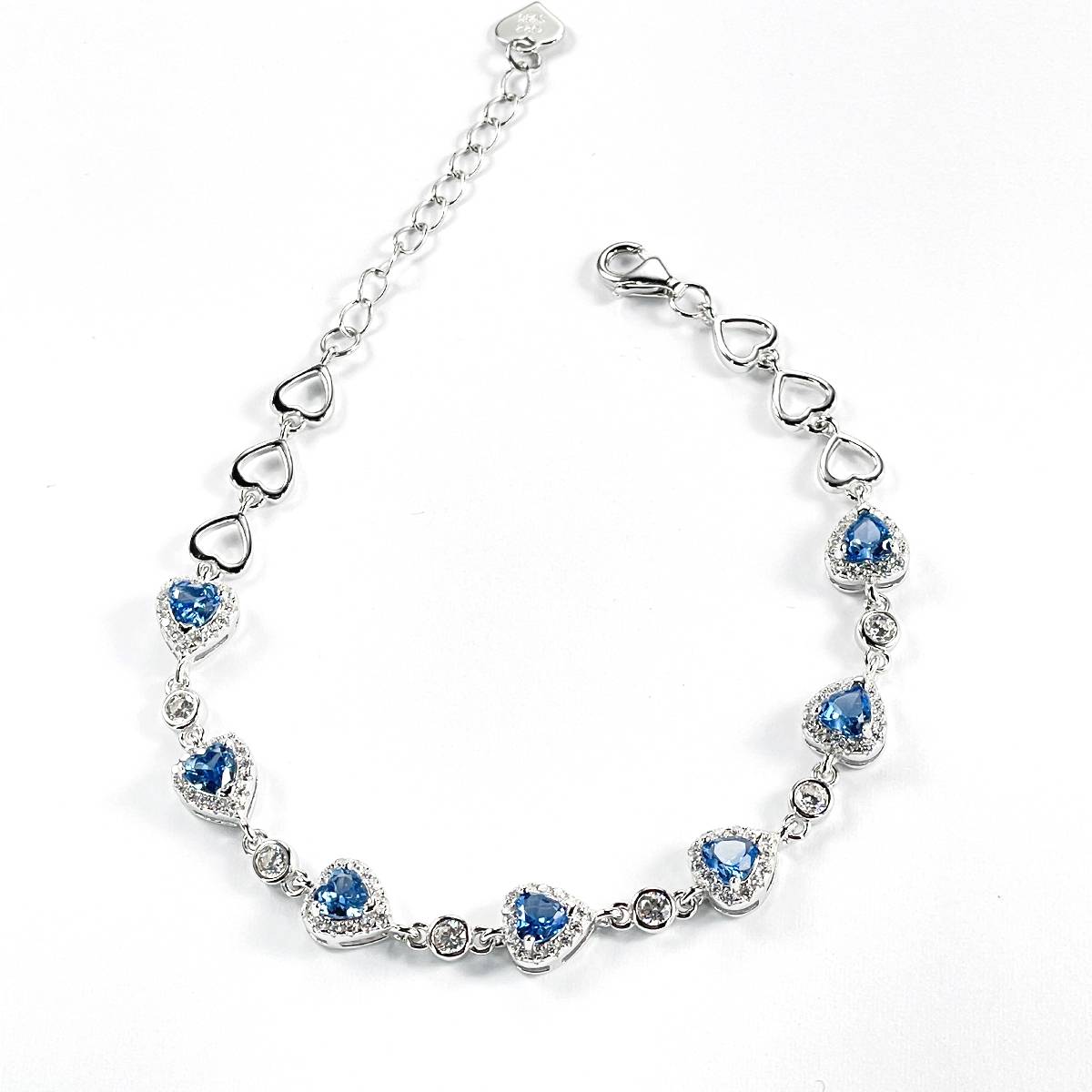 BS01496A3款S925银镀18K白金心形高碳钻/蓝尖晶Bracelet