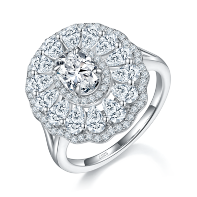 满镶豪华蛋形女戒S925银镀白金定制选款主石莫桑钻1.0ct/副石高碳钻