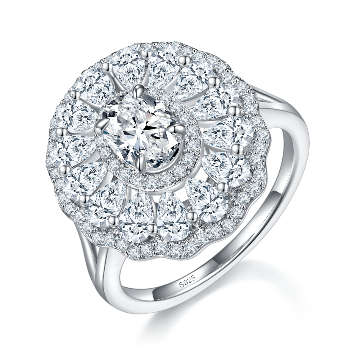 满镶豪华蛋形女戒S925银镀白金定制选款主石莫桑钻1.0ct/副石高碳钻