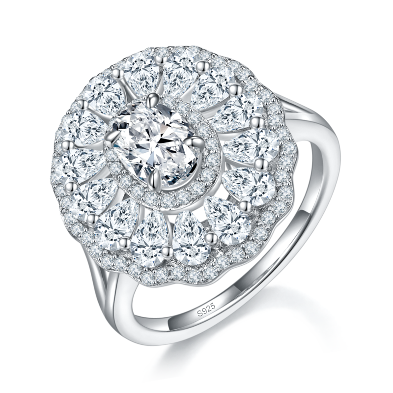 满镶豪华蛋形Women's RingS925银镀白金定制选款主石Moissanite1.0ct/副石高碳钻