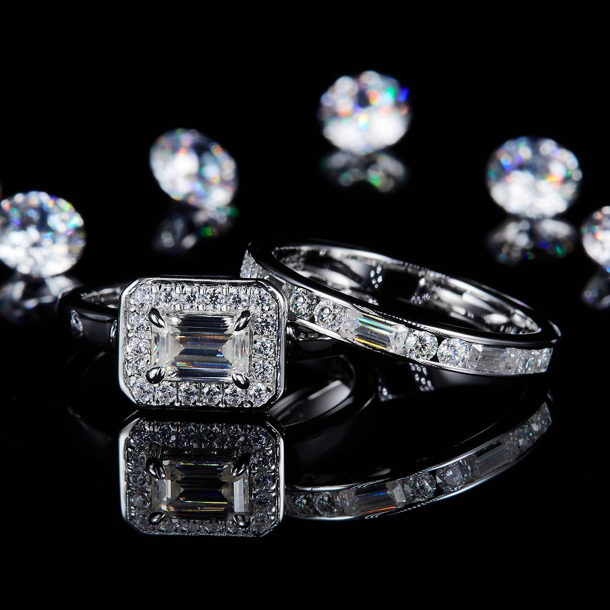 Square Diamond Primary and Secondary Ring S925 Silver Plated Platinum Customized Selection Main Stone Moissanite 0.8ct/Side Stone Cubic Zirconia