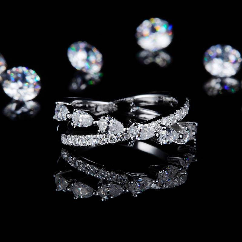 X形水滴钻排戒S925银镀白金定制选款副石莫桑钻1.635ct