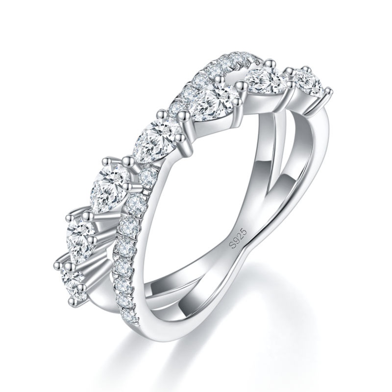 X形水滴钻排戒S925银镀白金定制选款副石莫桑钻1.635ct