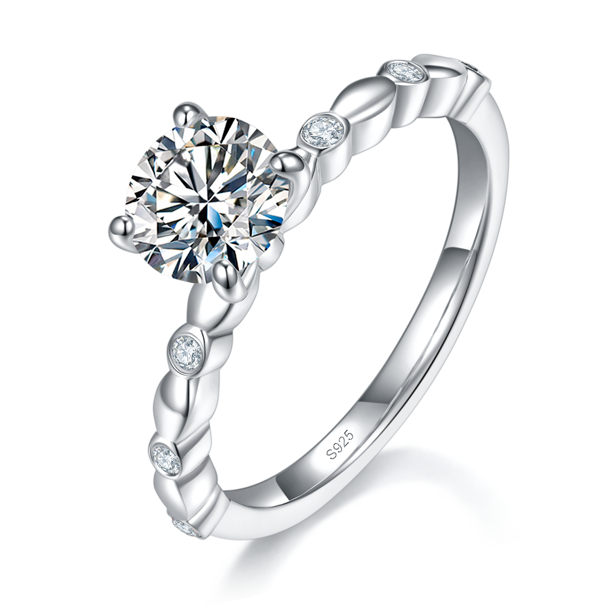 简约四爪女戒S925银镀白金定制选款主石莫桑钻1.0ct/副石高碳钻