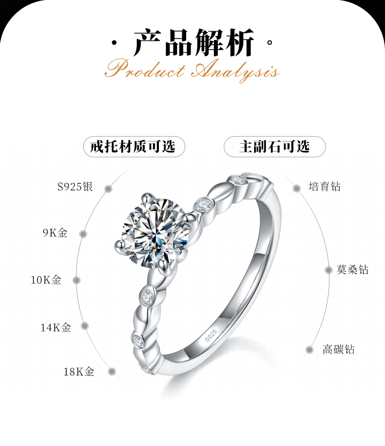 简约四爪女戒S925银镀白金定制选款主石莫桑钻1.0ct/副石高碳钻 - 2