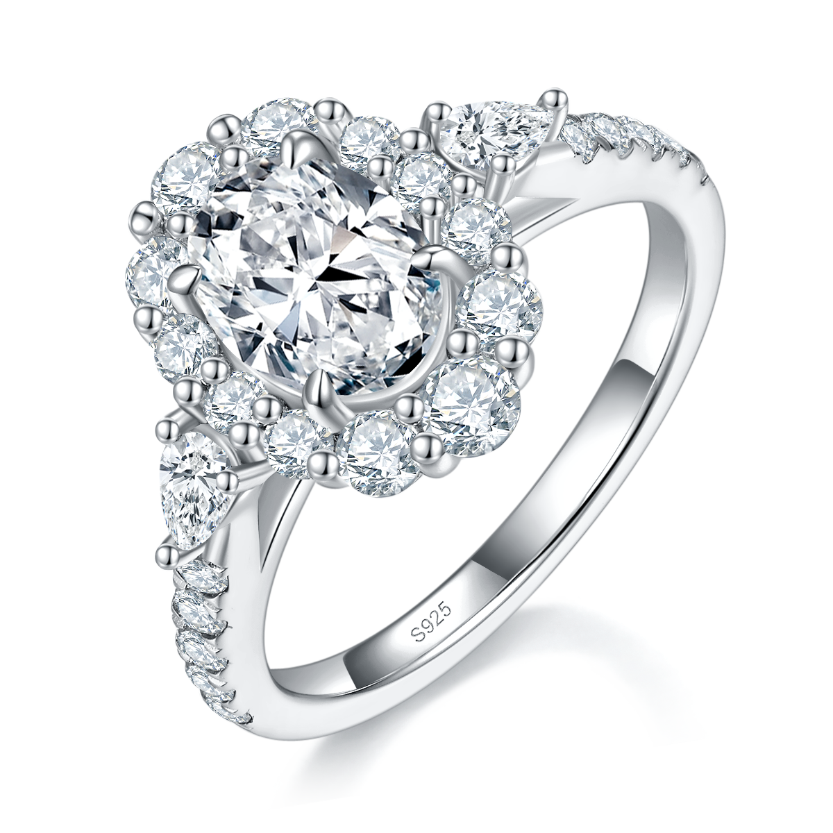 圆包蛋形女戒S925银镀白金定制选款主石莫桑钻1.5ct/副石高碳钻