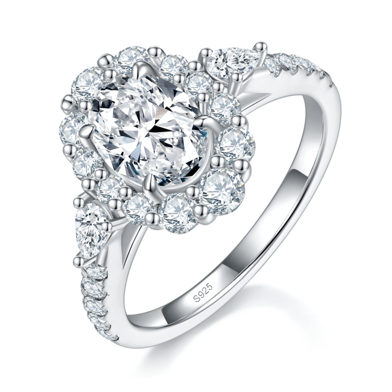 圆包蛋形女戒S925银镀白金定制选款主石莫桑钻1.5ct/副石高碳钻
