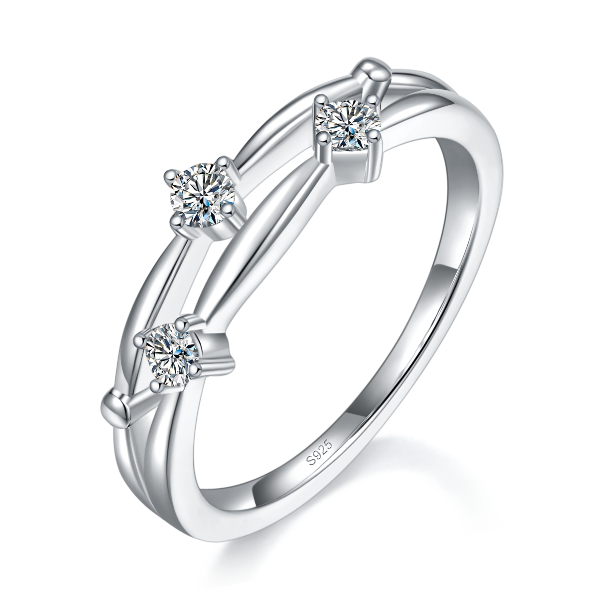 简约时尚镂空双臂排戒S925银镀白金定制选款副石莫桑钻0.195ct