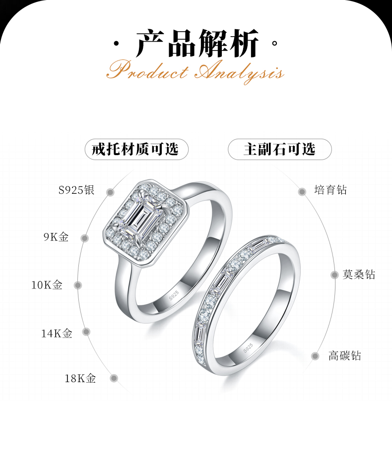 方钻主副套戒S925银镀白金定制选款主石莫桑钻0.8ct/副石高碳钻 - 2