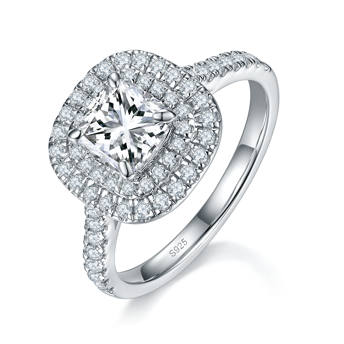 双层围镶枕形钻女戒S925银镀白金定制选款主石莫桑钻1.0ct/副石高碳钻