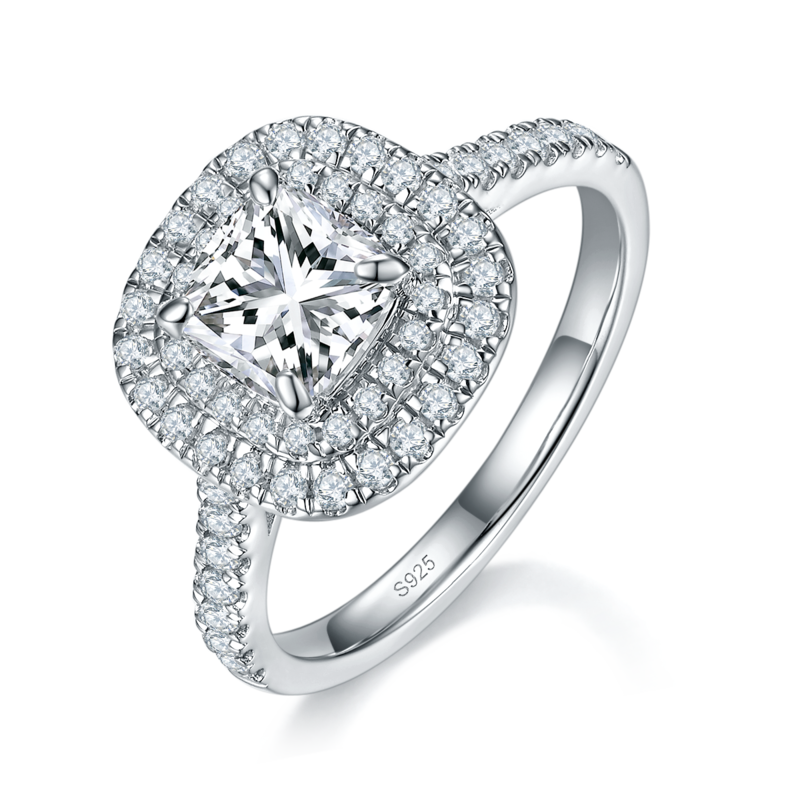 双层围镶枕形钻Women's RingS925银镀白金定制选款主石Moissanite1.0ct/副石高碳钻