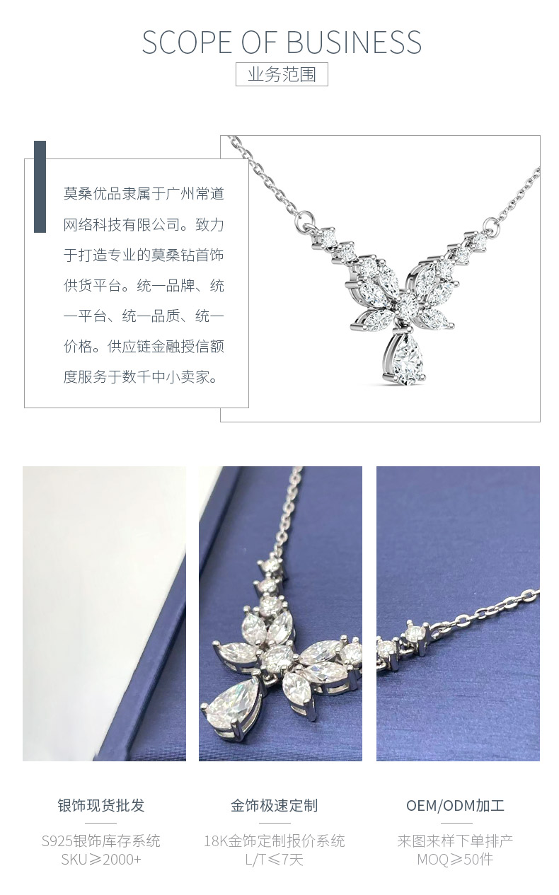 N16328款S925银镀18K白金水滴莫桑钻群镶轻奢锁骨链3.44ct - 3