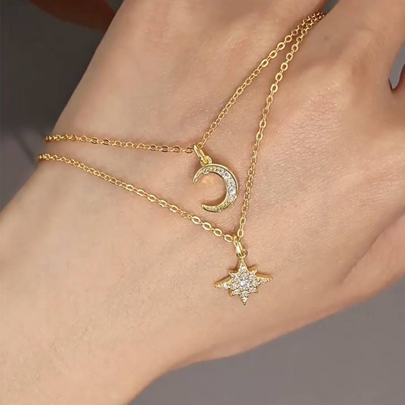 N15244款S925银镀18K黄金Moissanite双链叠戴星月Necklace0.3ct