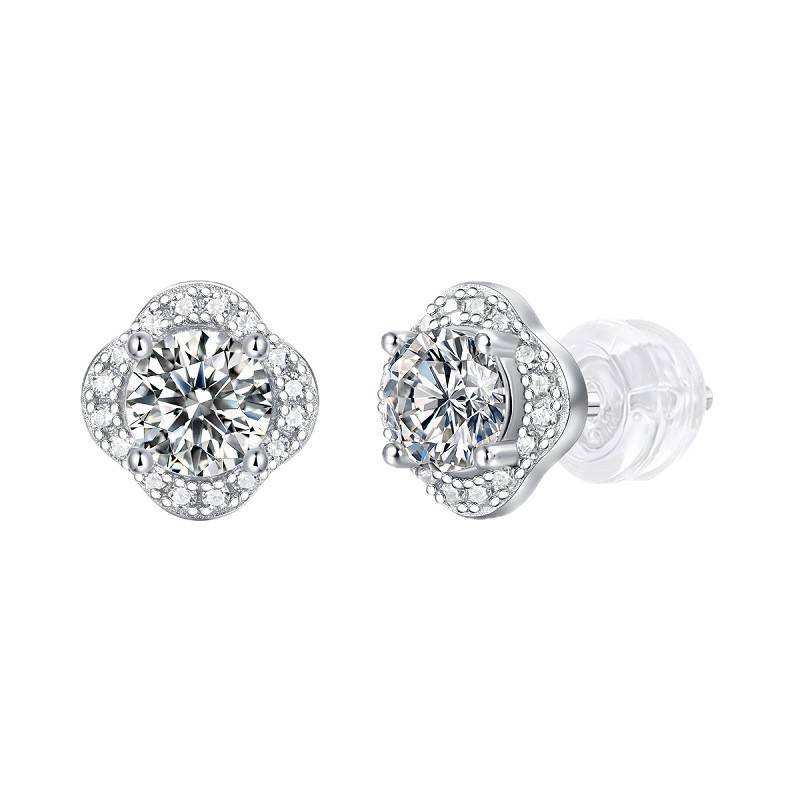 E11563款S925银镀18K白金Moissanite四叶草Stud Earring主石0.5ct/粒