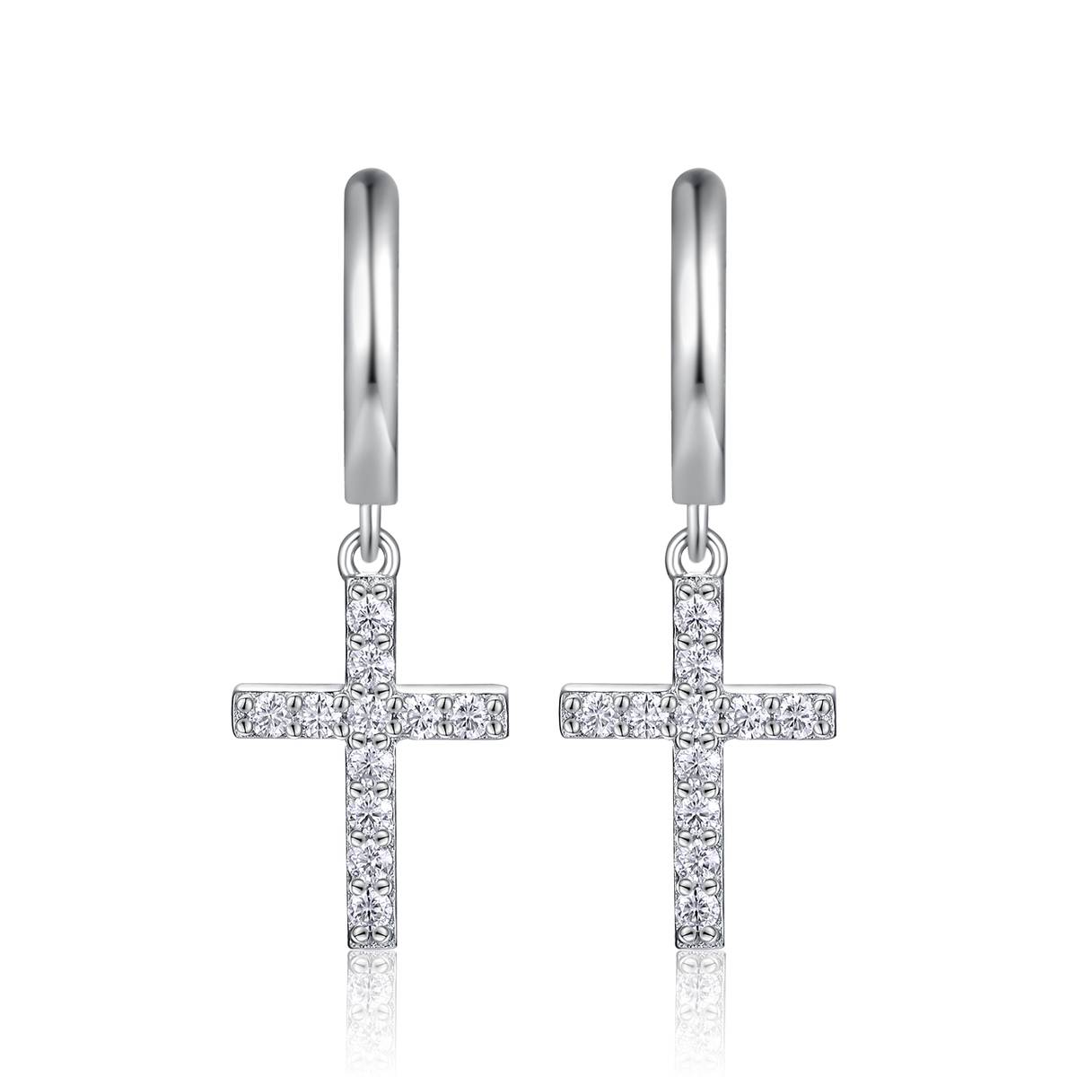 E15378款S925银镀18K白金Moissanite十字架耳环0.26ct