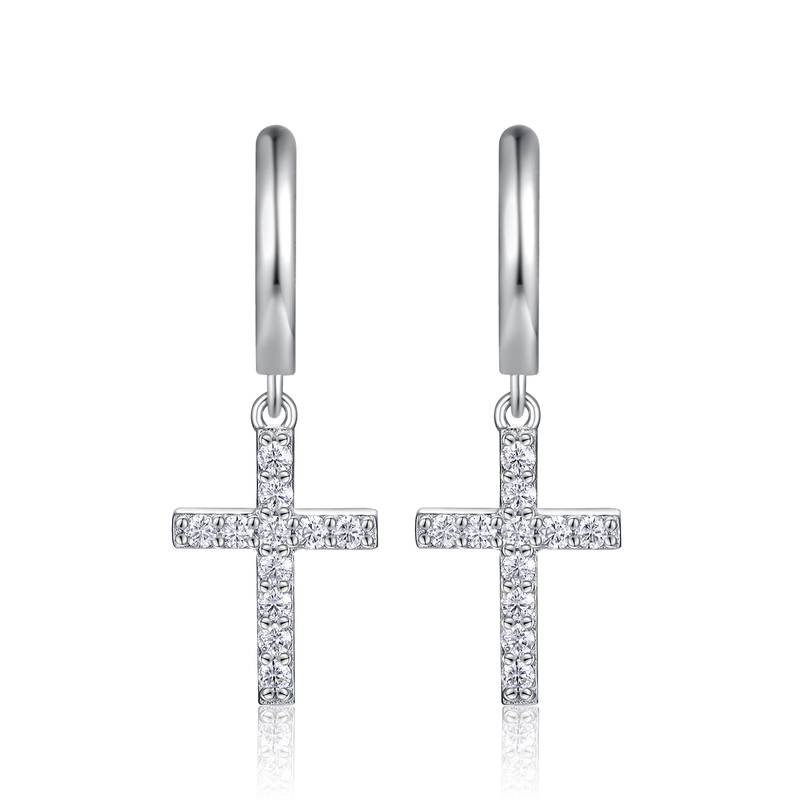 E15378款S925银镀18K白金Moissanite十字架耳环0.26ct