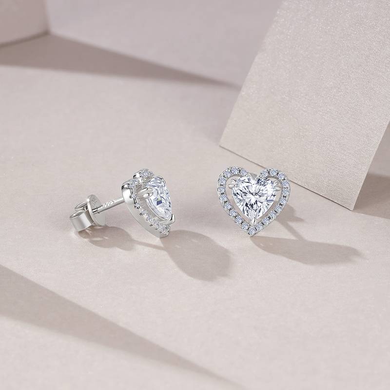 E15364-6.5款S925银镀18K白心形金MoissaniteStud Earring主石6.5mm/1.0ct
