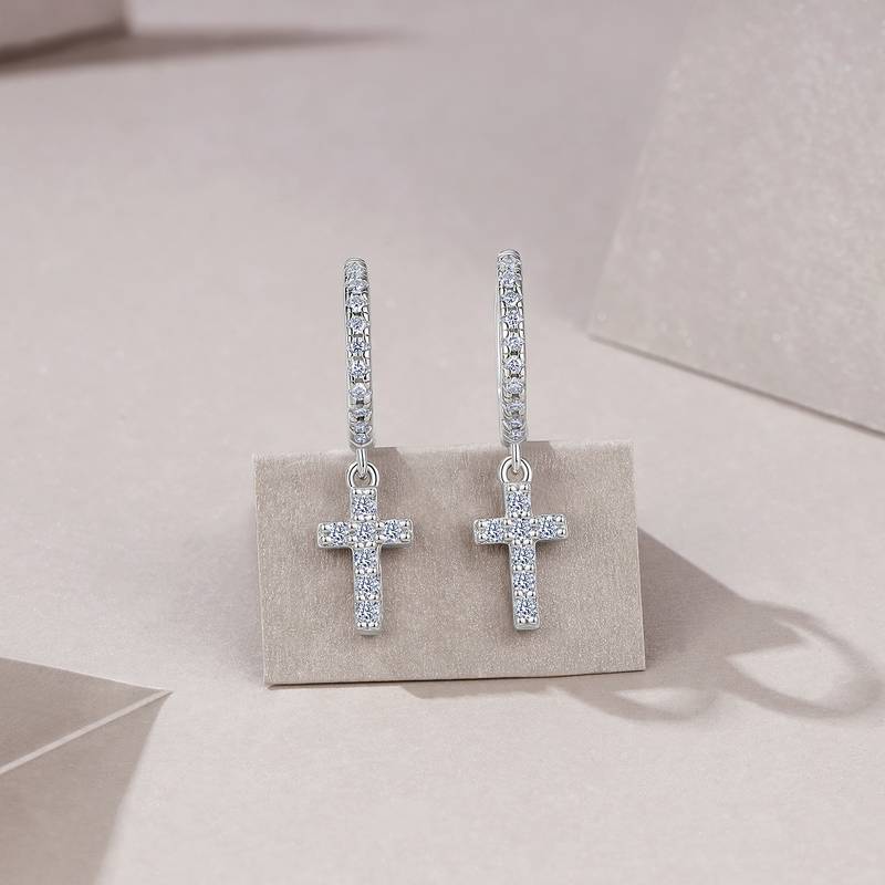 E15382款S925银镀18K白金满镶Moissanite十字架耳环0.37ct