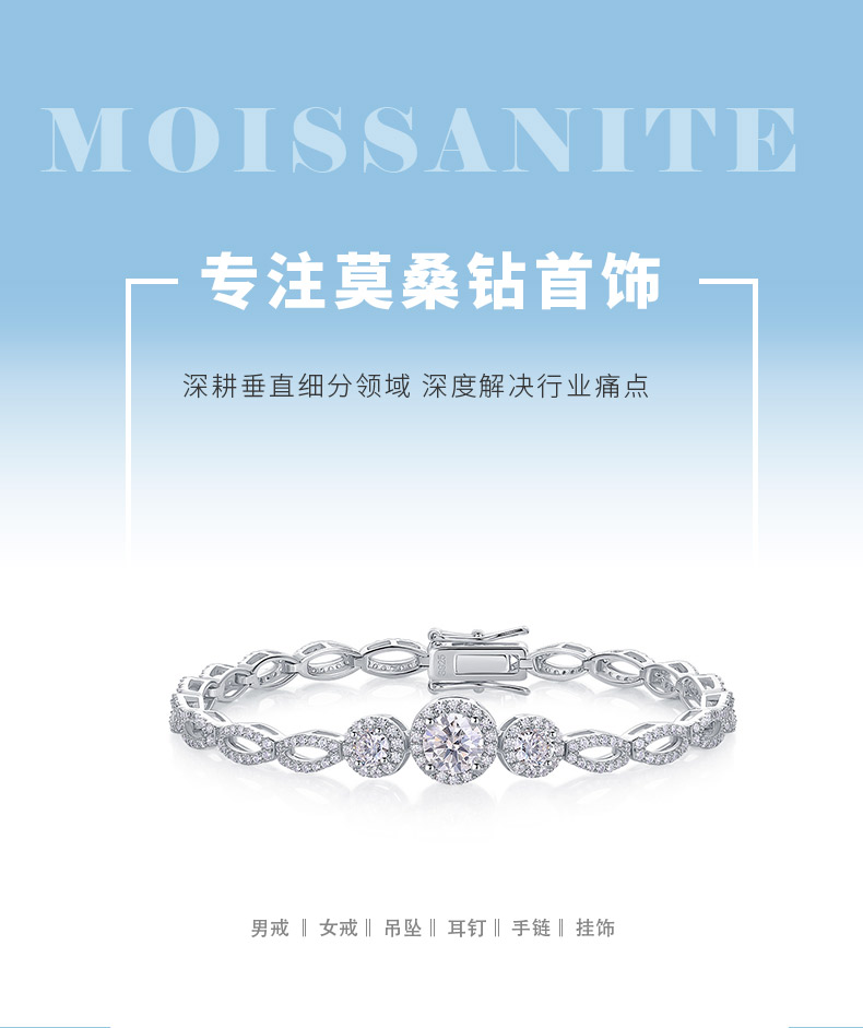 L13879款S925银镀18K白金莫桑钻轻奢满钻手链3.6ct - 1