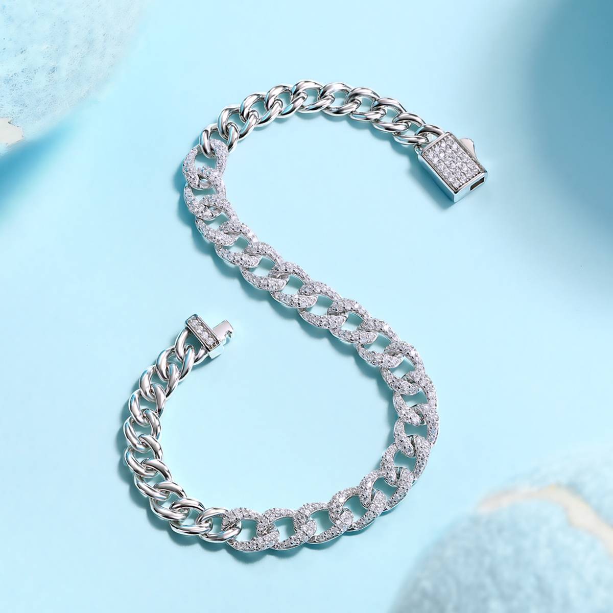 L13731款S925银镀18K白金MoissaniteExquisite古巴Bracelet1.44ct