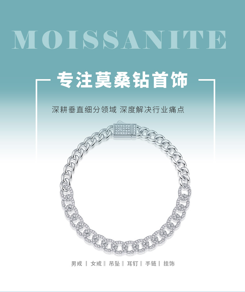 L13731款S925银镀18K白金莫桑钻精致古巴手链1.44ct - 1