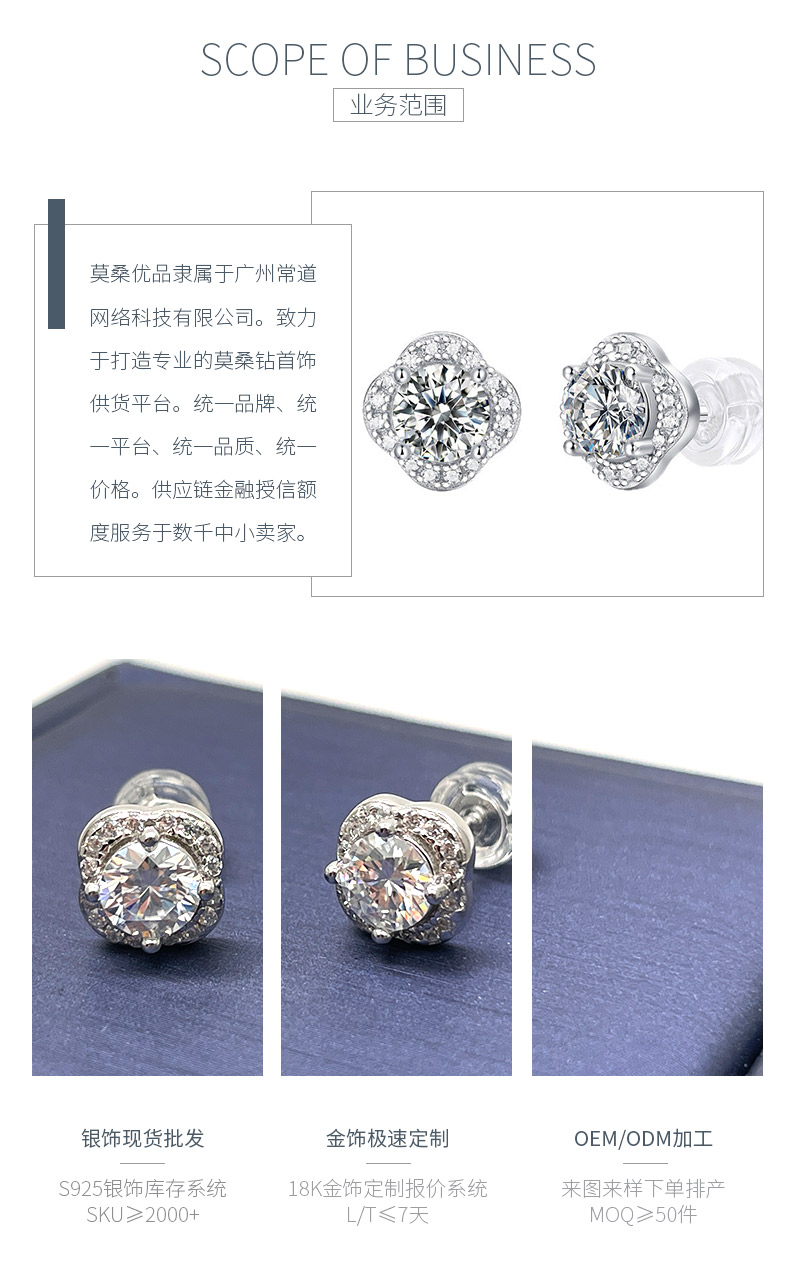 E11563款S925银镀18K白金莫桑钻四叶草耳钉主石0.5ct/粒 - 3