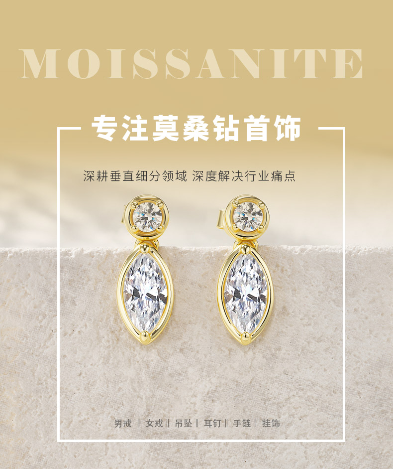 E15950款S925银镀18K黄金莫桑钻轻奢耳钉2.4ct - 1