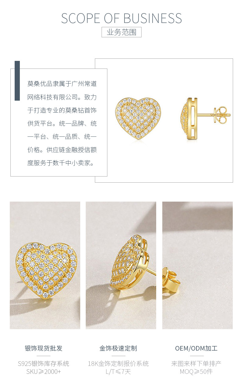 E15555款S925银镀18K黄金莫桑钻满镶爱心耳钉1.16ct - 3