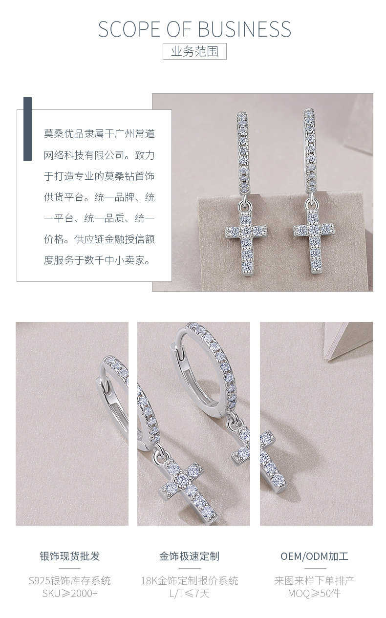 E15382款S925银镀18K白金满镶莫桑钻十字架耳环0.37ct - 3