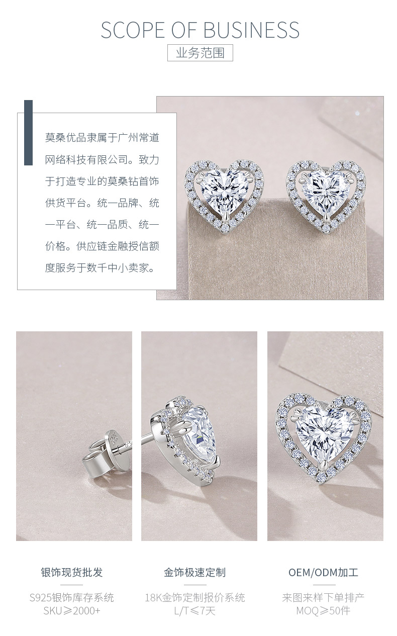 E15364-6.5款S925银镀18K白心形金莫桑钻耳钉主石6.5mm/1.0ct - 3