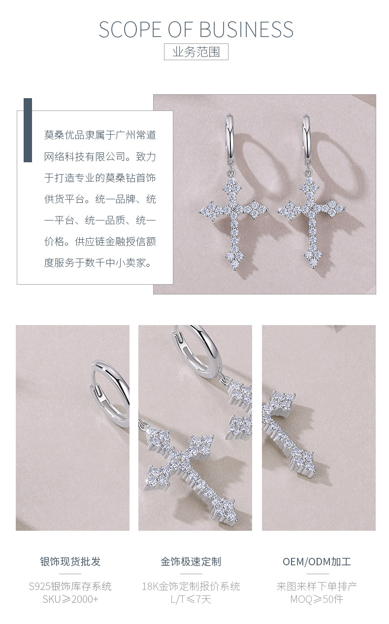 E15379款S925银镀18K白金莫桑钻十字架耳环1.38ct - 3