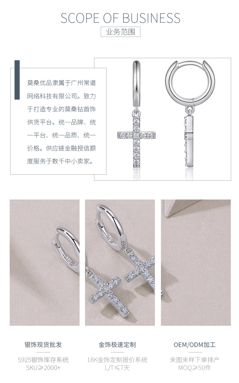 E15378款S925银镀18K白金莫桑钻十字架耳环0.26ct - 3