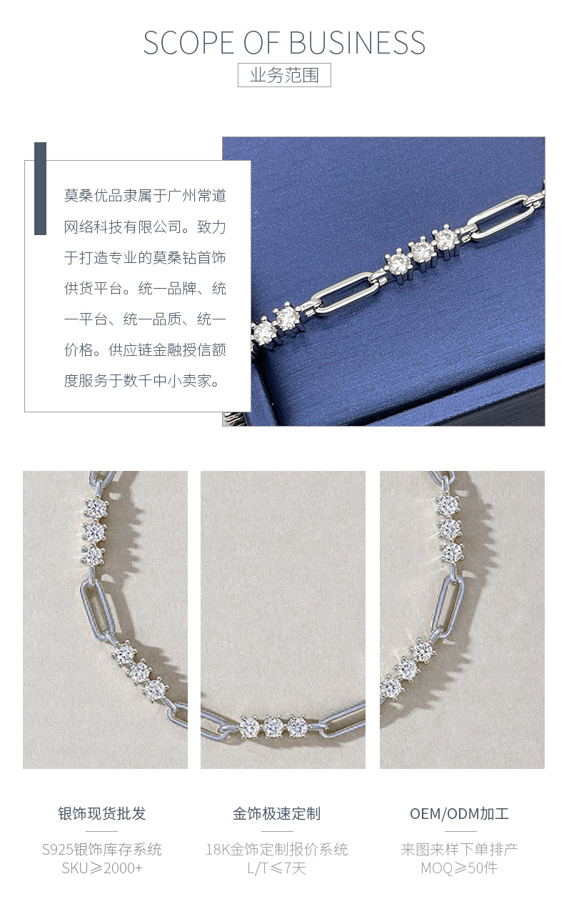 L15551款S925银镀18K白金莫桑钻简约几何环扣手链2.1ct - 3