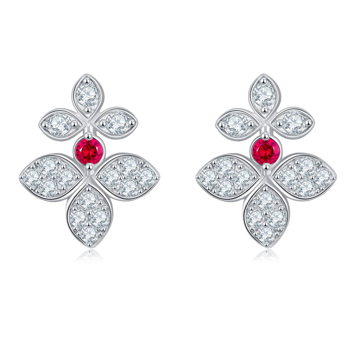 28T款银S925镀18K白金合成红宝Moissanite四叶花套装0.45ct/0.25ct