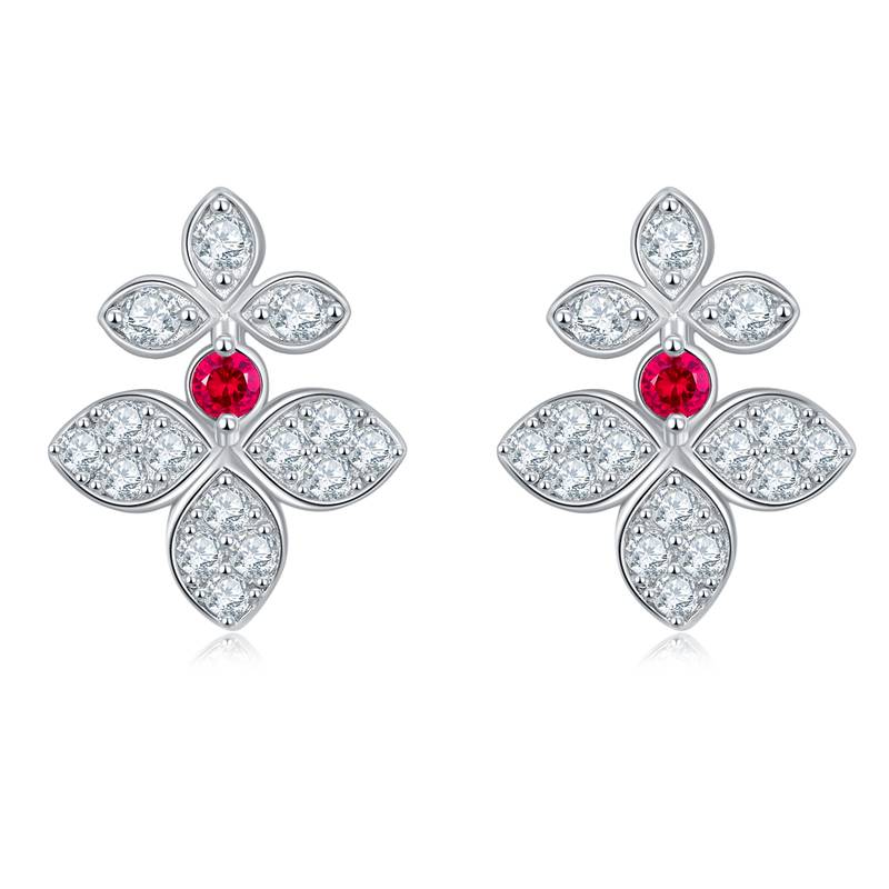 28T款银S925镀18K白金合成红宝莫桑钻四叶花套装0.45ct/0.25ct