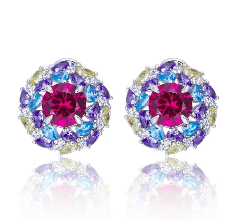 E1456R 圆形培育红宝石S925银镀白金耳环2.0ct