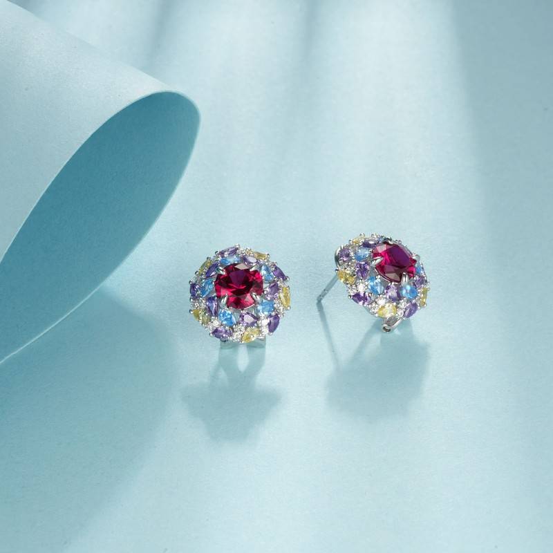 E1456R 圆形培育红宝石S925银镀白金耳环2.0ct