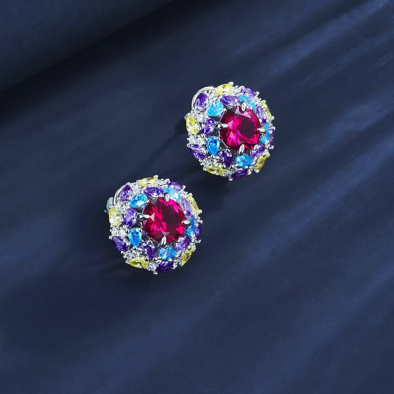 E1456R 圆形培育红宝石S925银镀白金耳环2.0ct