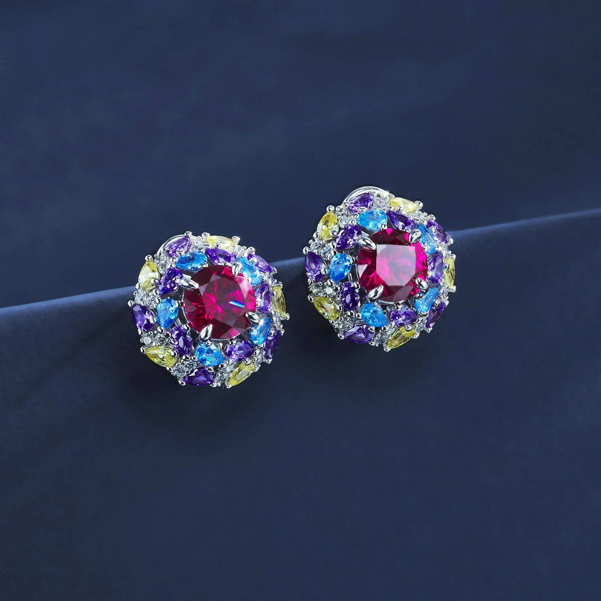 E1456R 圆形培育红宝石S925银镀白金耳环2.0ct
